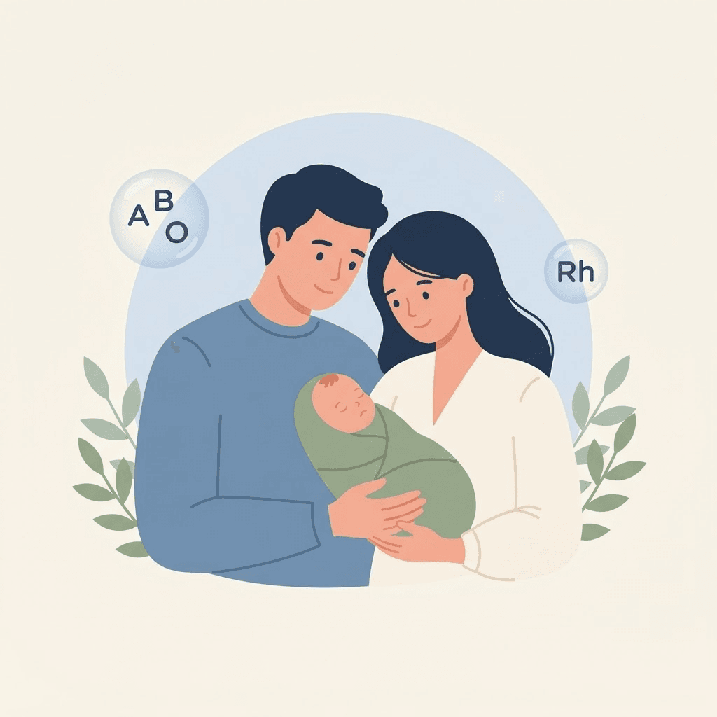 Two parents holding a newborn, with small ABO and Rh markers beside them
