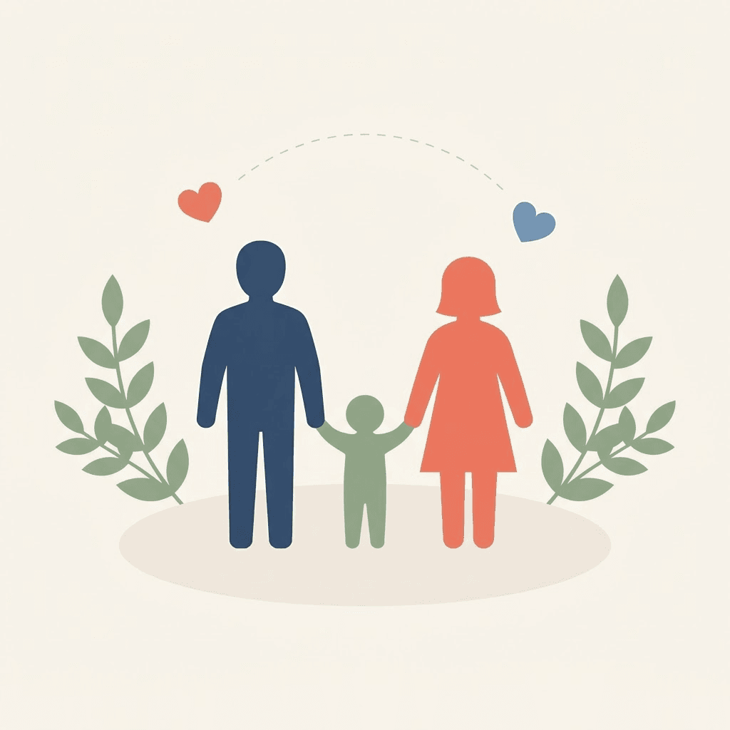 A family of three holding hands, framed by leaves