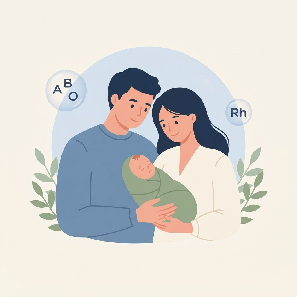 Two parents holding a newborn, with small ABO and Rh markers beside them