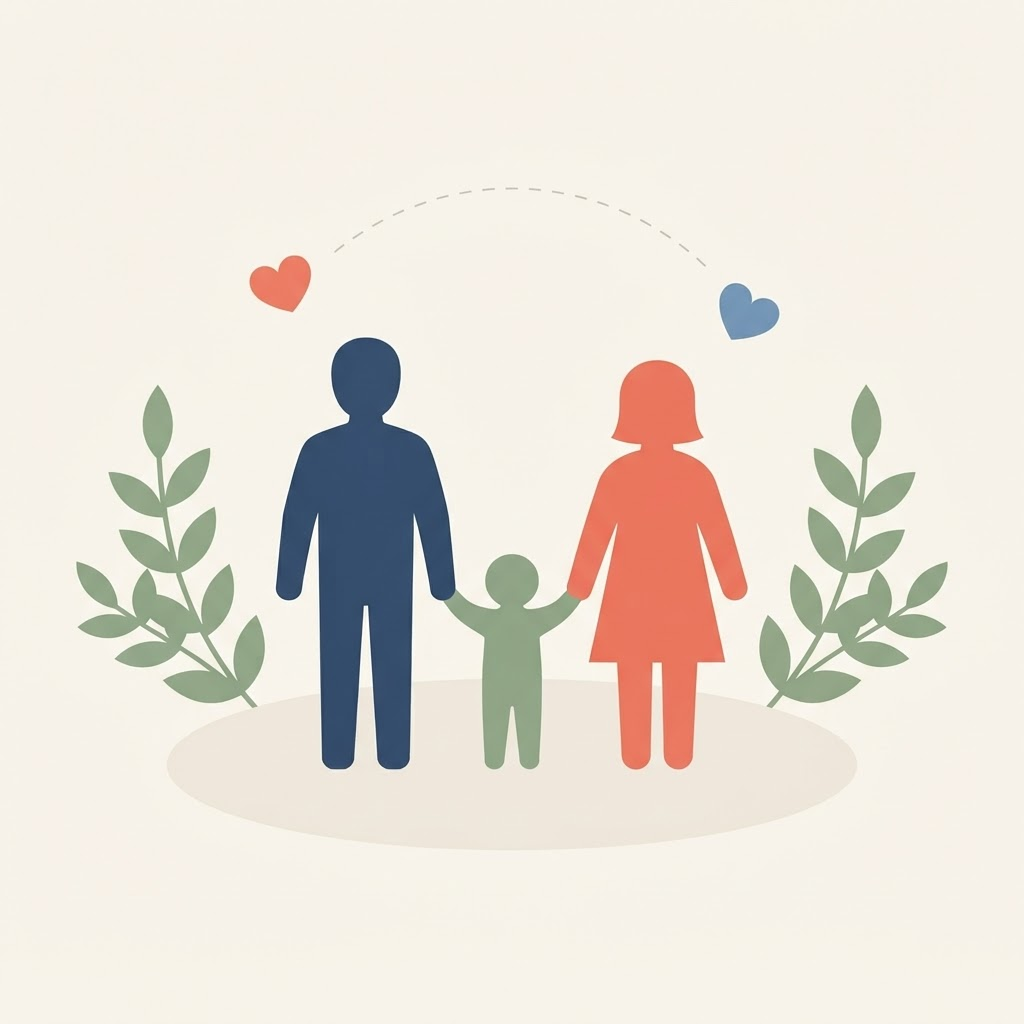 A family of three holding hands, framed by leaves